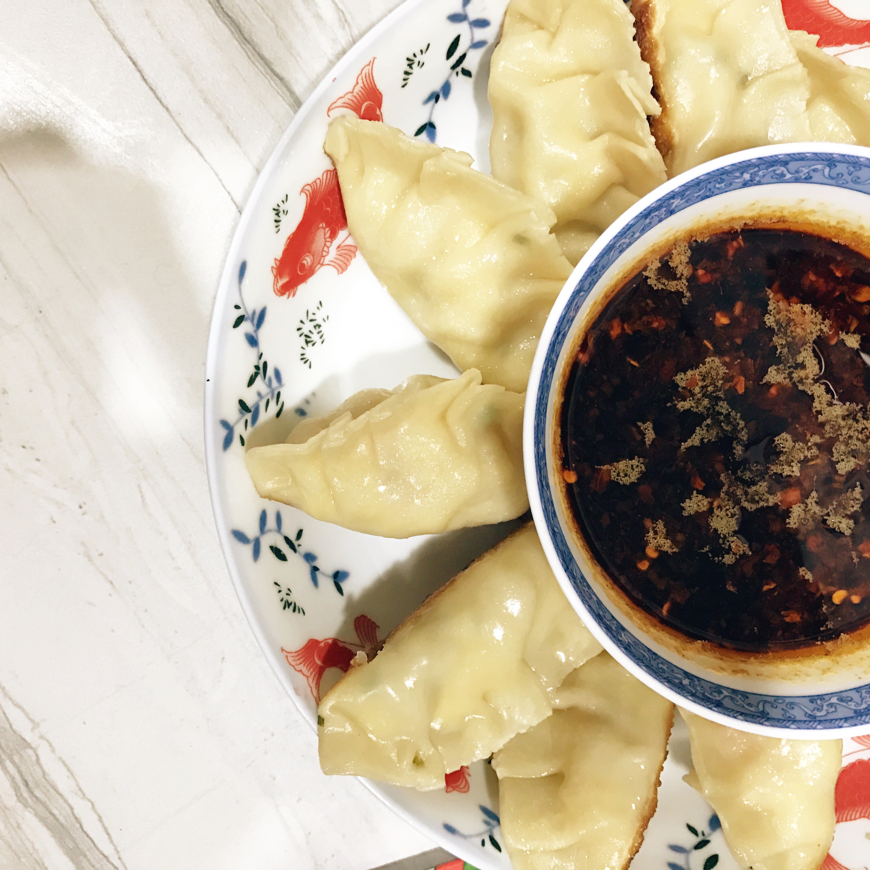 shrimp and egg stuffed potstickers