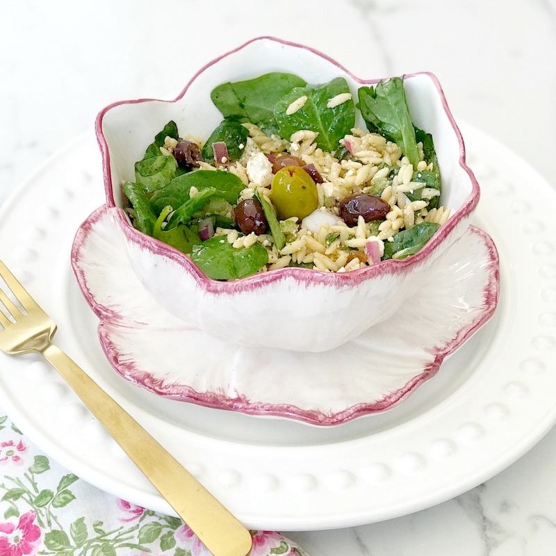 MEDITERRANEAN ORZO SPINACH SALAD RECIPE with feta cheese and olives